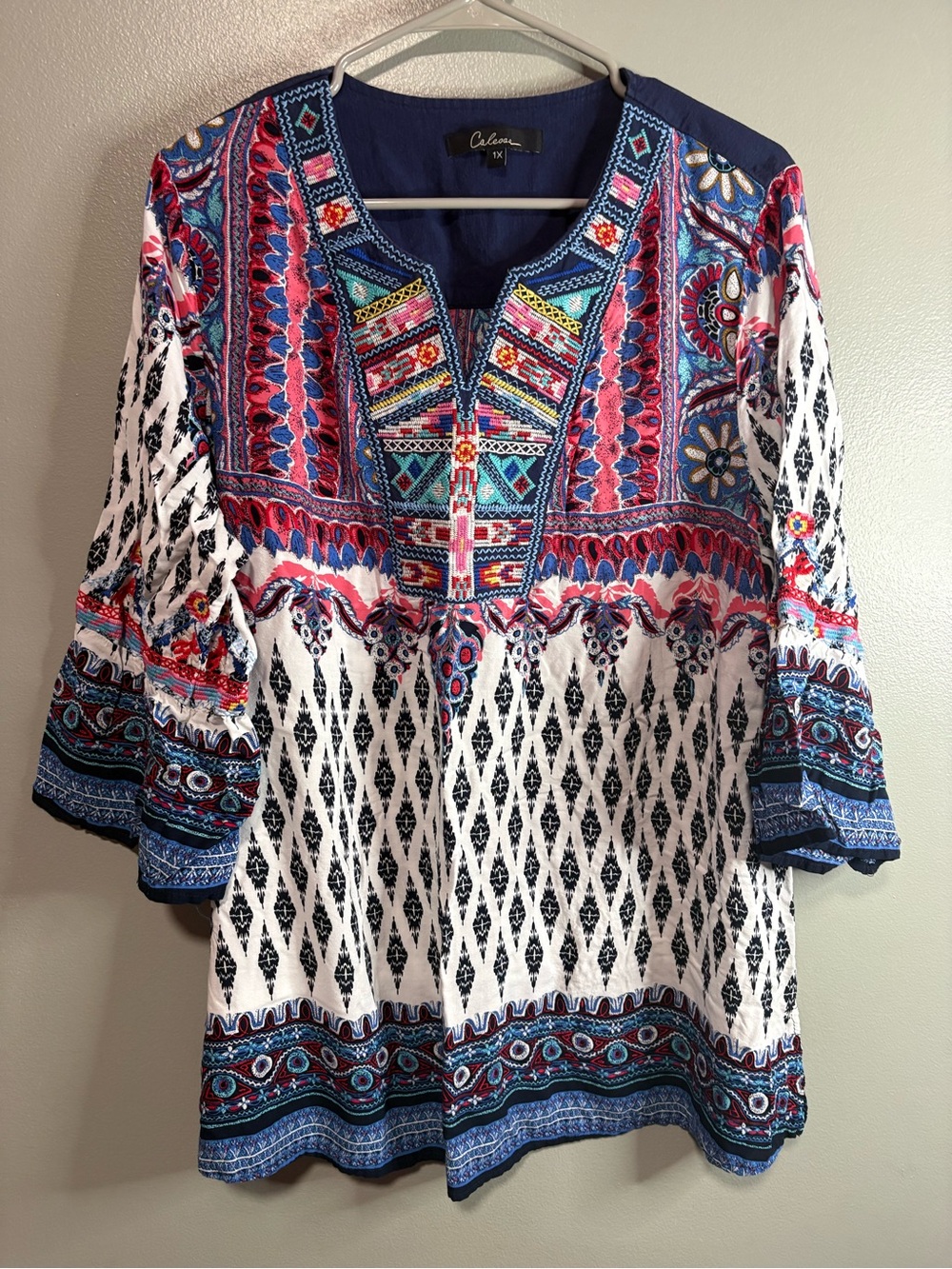 Calea’s 1X Boho Print Tunic Blouse | Bell Sleeve Peasant Top